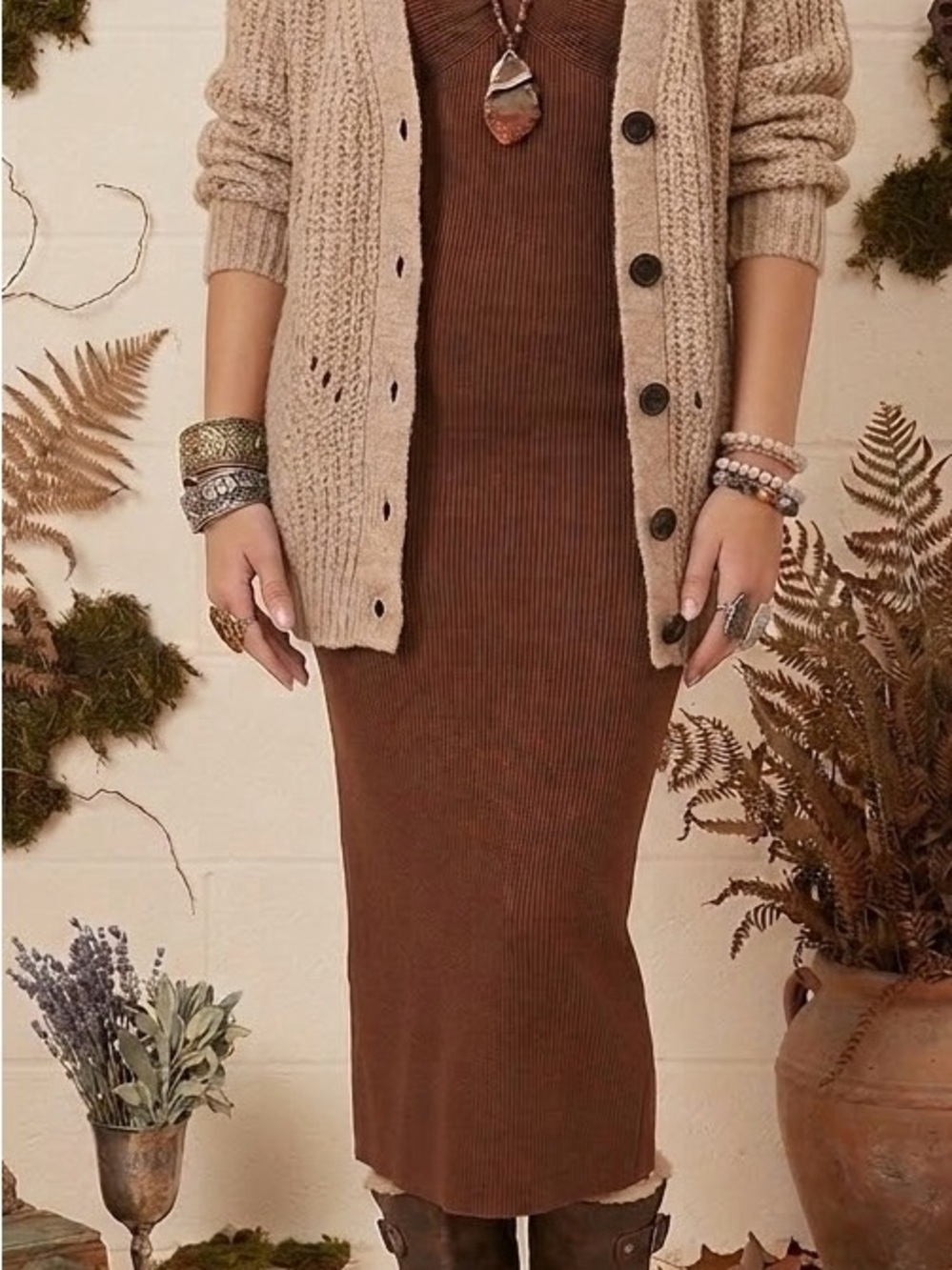 Earthy Woodland Fairycore /
Whimsigoth Ribbed Midi Dress Small